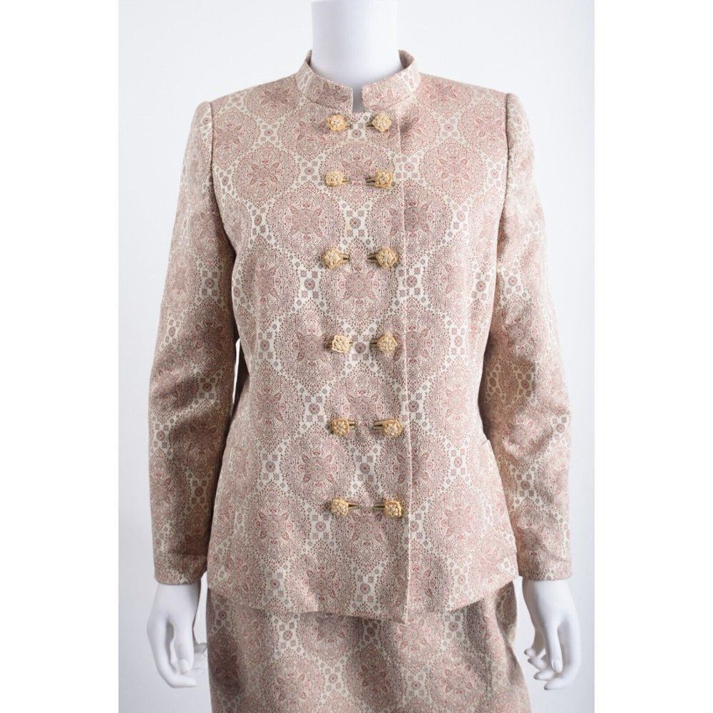 Vintage Bill Blass Women Blazer Jacket Pencil Skirt Suit Set 8 Beige Neru Collar